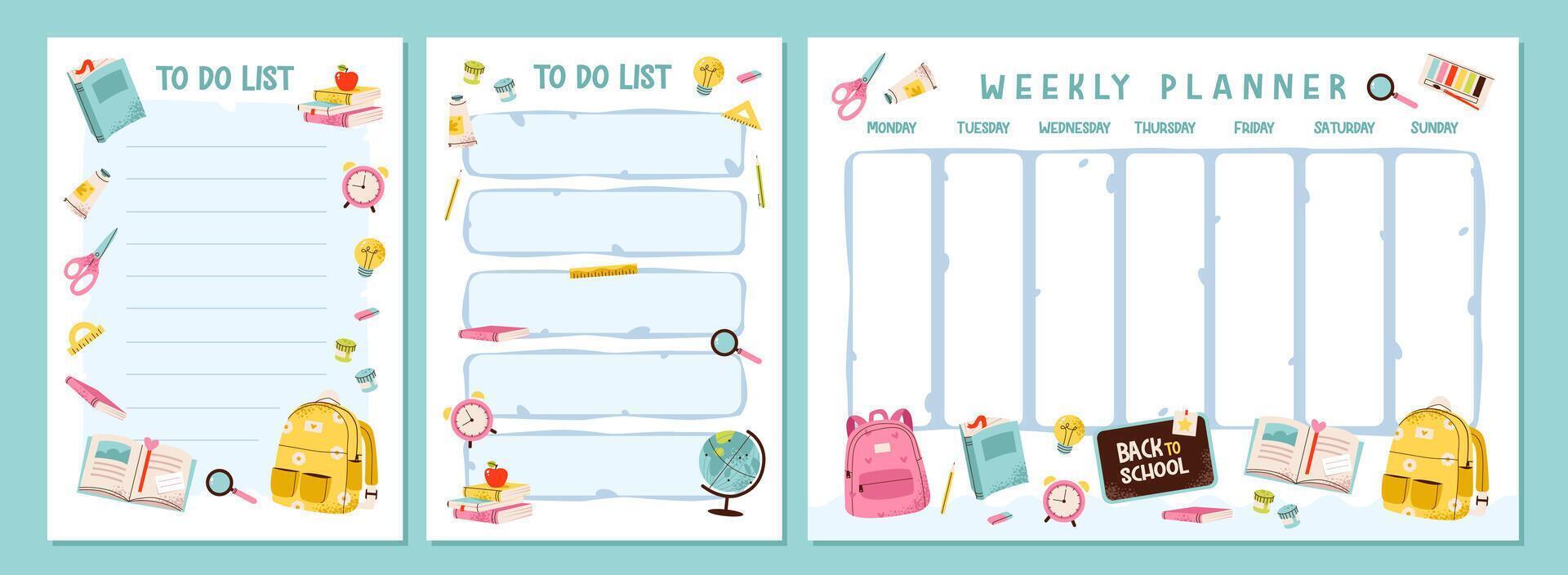 School kids planner. Weekly planner for children with school supplies elements. To do list with a backpack, book and education tools vector