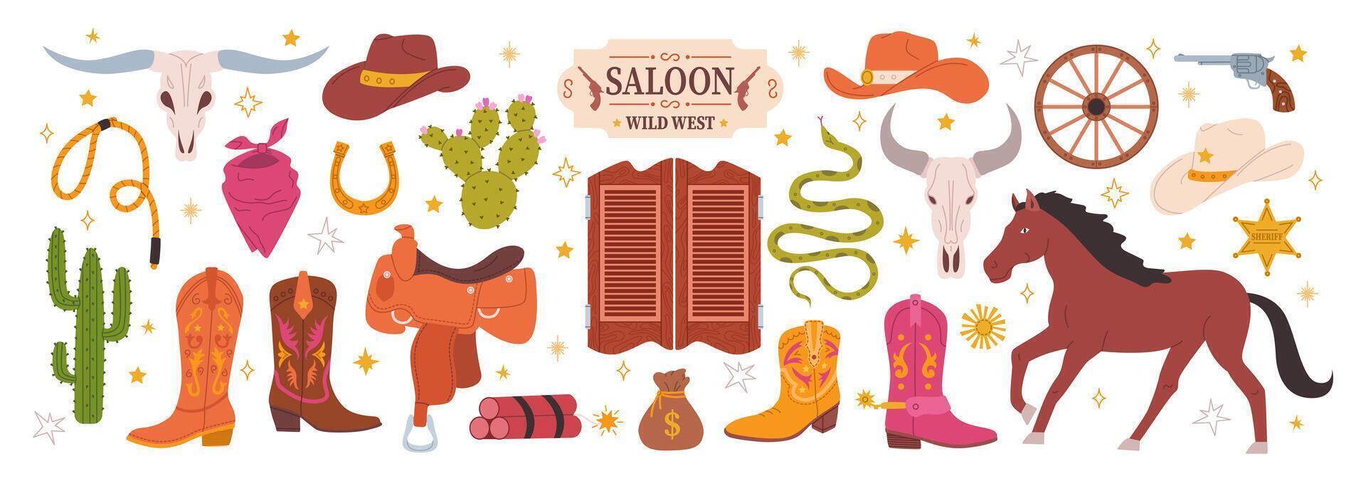 Cowboy big set. Wild West concept. Flat hand drawn illustration with hat, horse, sheriff badge, and boots vector