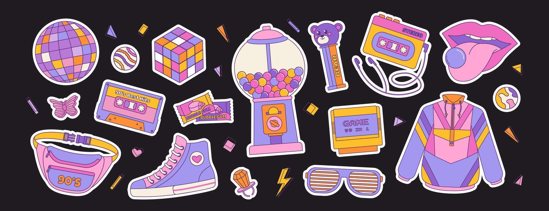 Set of colorful elements 80s 90s, retro badge, emblem, fashionable patch. Disco ball, sunglasses and bubble gum, cassette. illustration vector