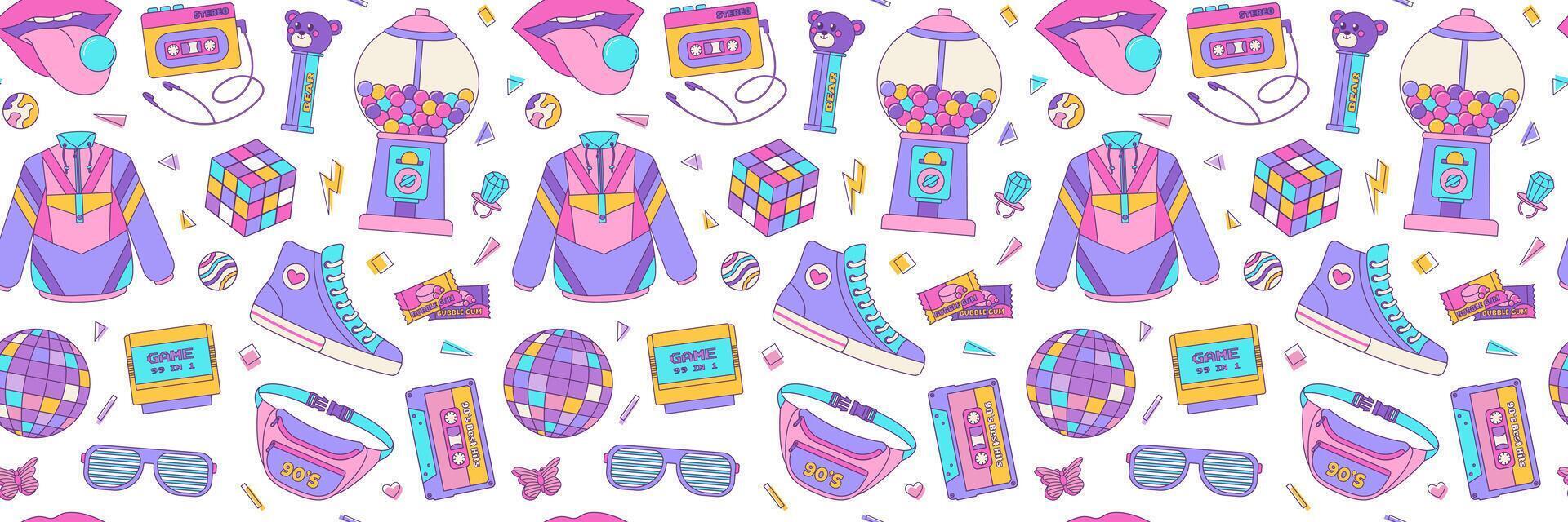 Seamless pattern colorful elements 80s 90s. Disco ball, sunglasses and bubble gum, cassette. background, print, wallpaper vector