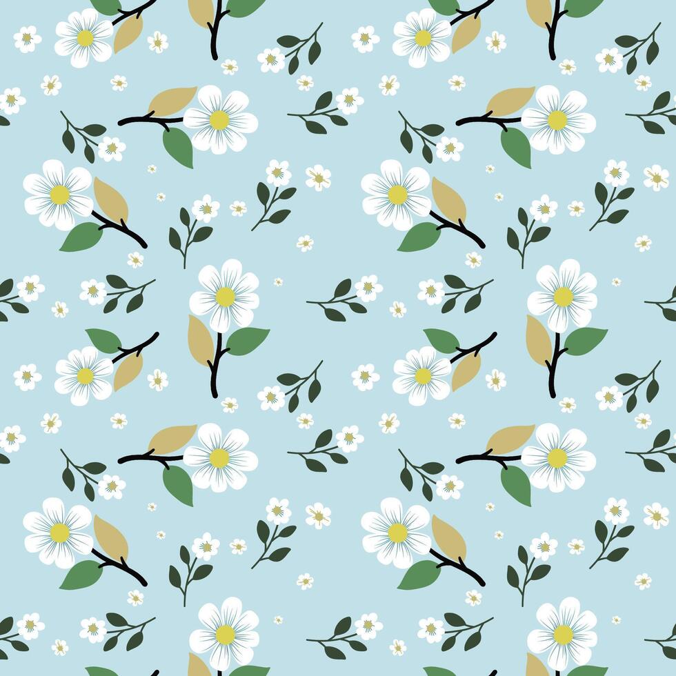 Floral Seamless Pattern with White Daisy Flowers and Green Leaves on Light Blue Background, Ideal for Spring and Summer Fabric, Wallpapers, and Stationery Designs. vector