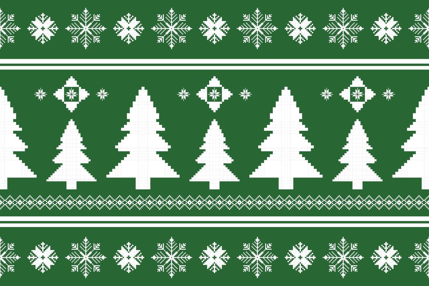 Seamless Pixel Art Christmas Pattern with White Snowflakes and Trees on Green Background for Festive Projects and Holiday Decor. vector