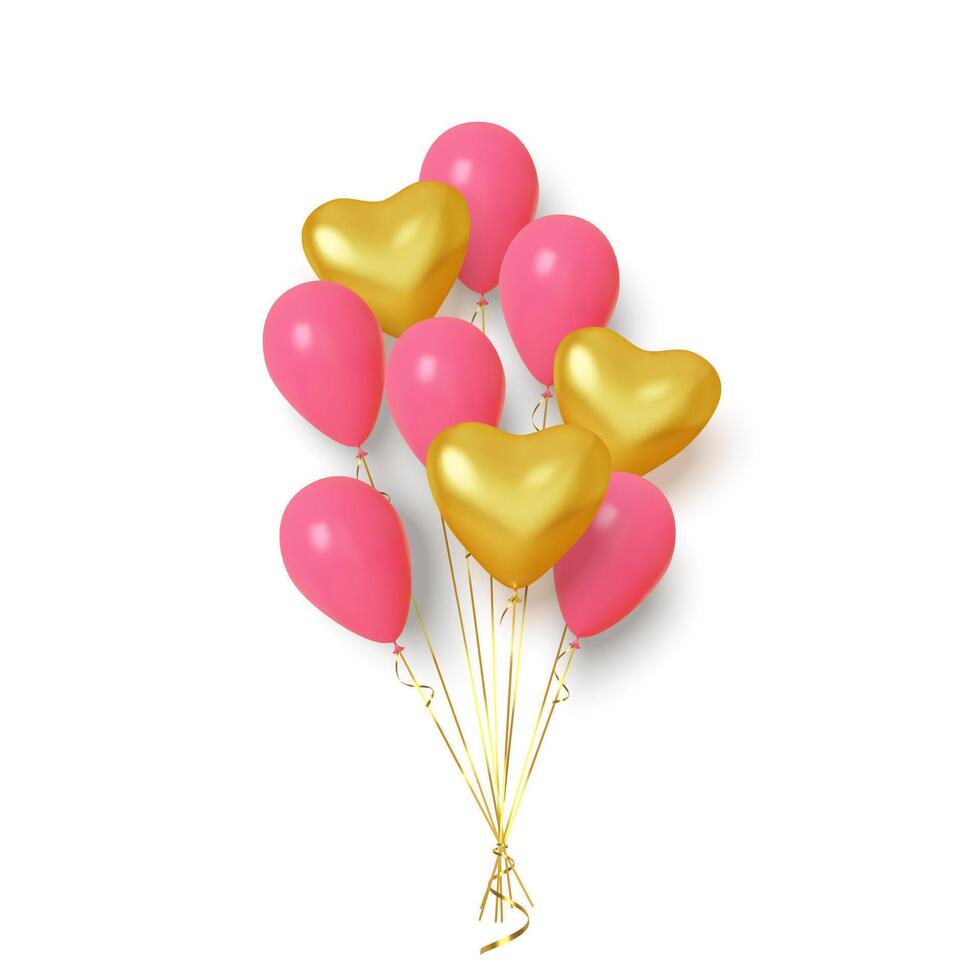 Pink and Gold Heart-Shaped Balloons Bouquet - Realistic 3D Illustration vector
