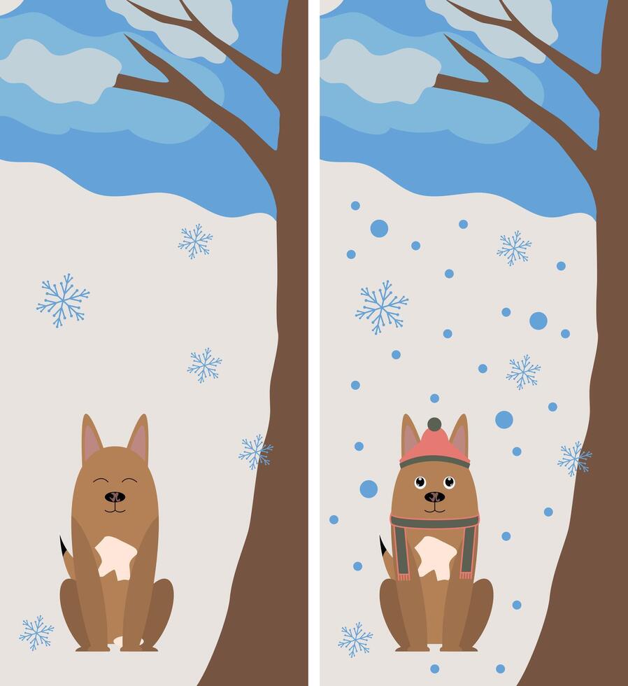 Winter wallpaper for phone, collection of Christmas wallpaper with dog in hat for phone, drawn collection vector