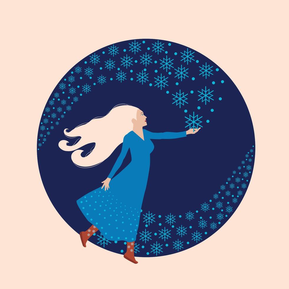 Cute cartoon girl in a warm clothes with flowing hair surrounded by snowflakes and enjoys winter, illustration with a stylish young woman vector