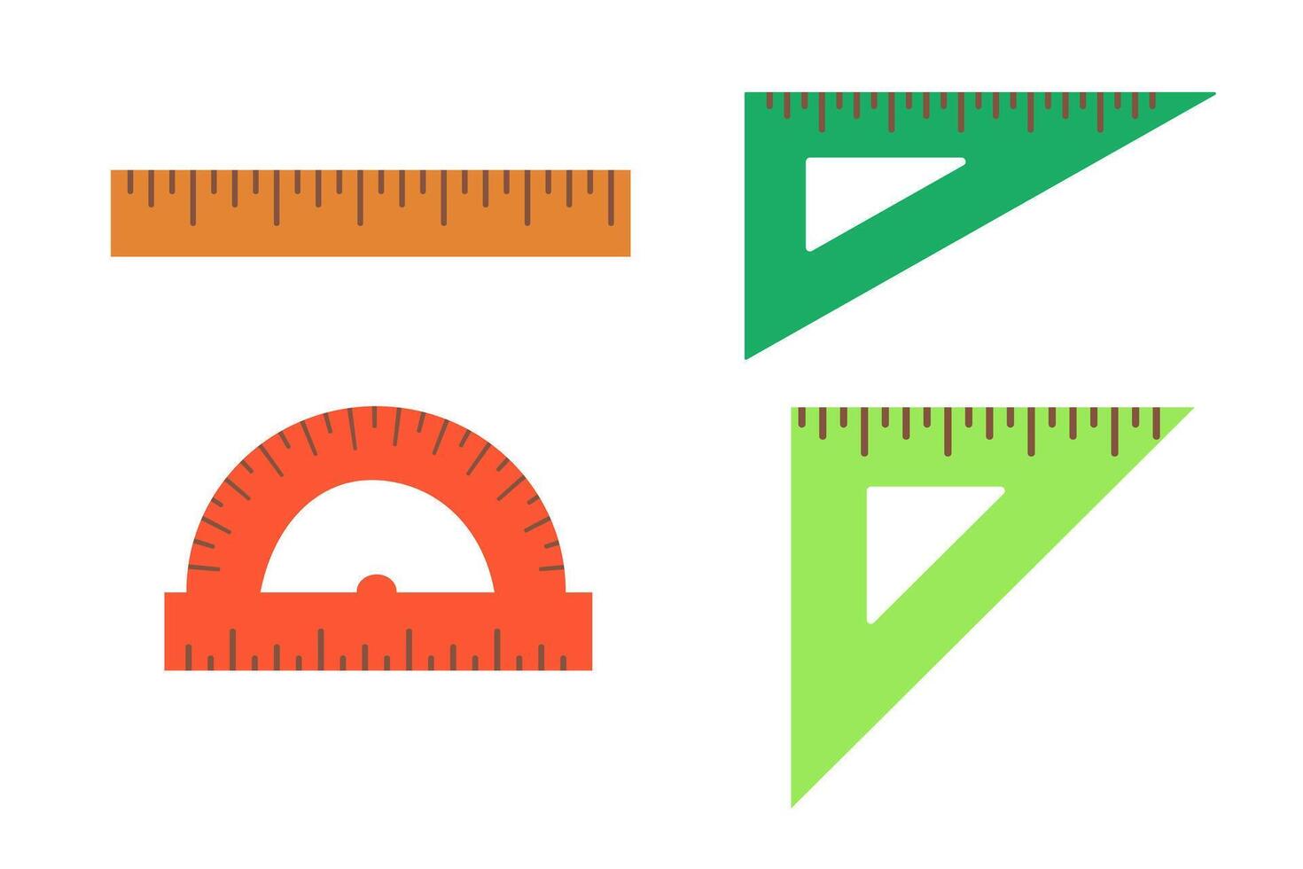 Set of school rulers. Ruler, Triangle Rulers, Protractor. School Craft Art Supply. Flat cartoon style. vector