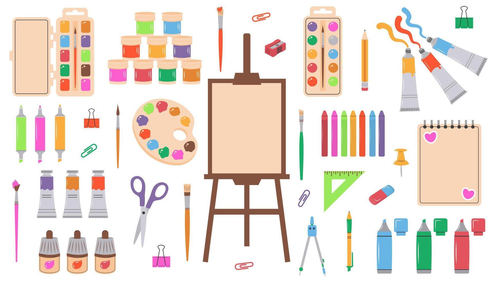 Set with painting tools, paints for the artist. Paint tubes, brushes, pencils, watercolor, palette, crayons and stationery. Trendy modern isolated on white. vector