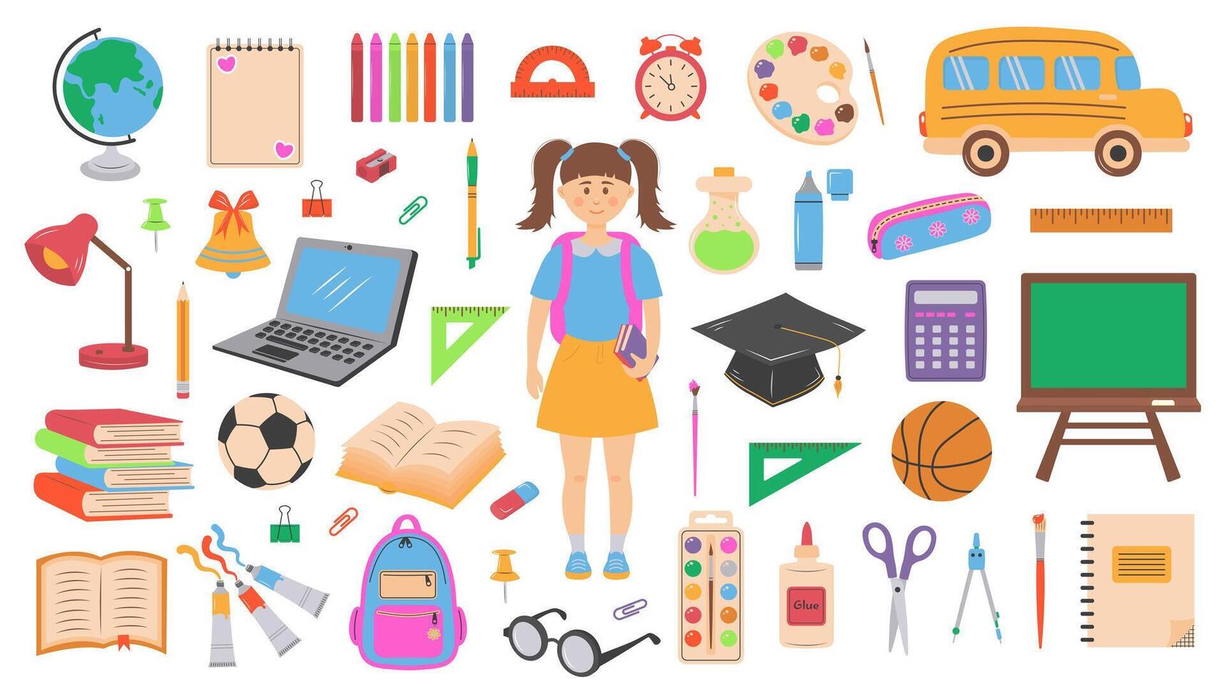 Big set of school supplies and stationery. Girl pupil and cute accessories for study, school, university. Back to school. vector