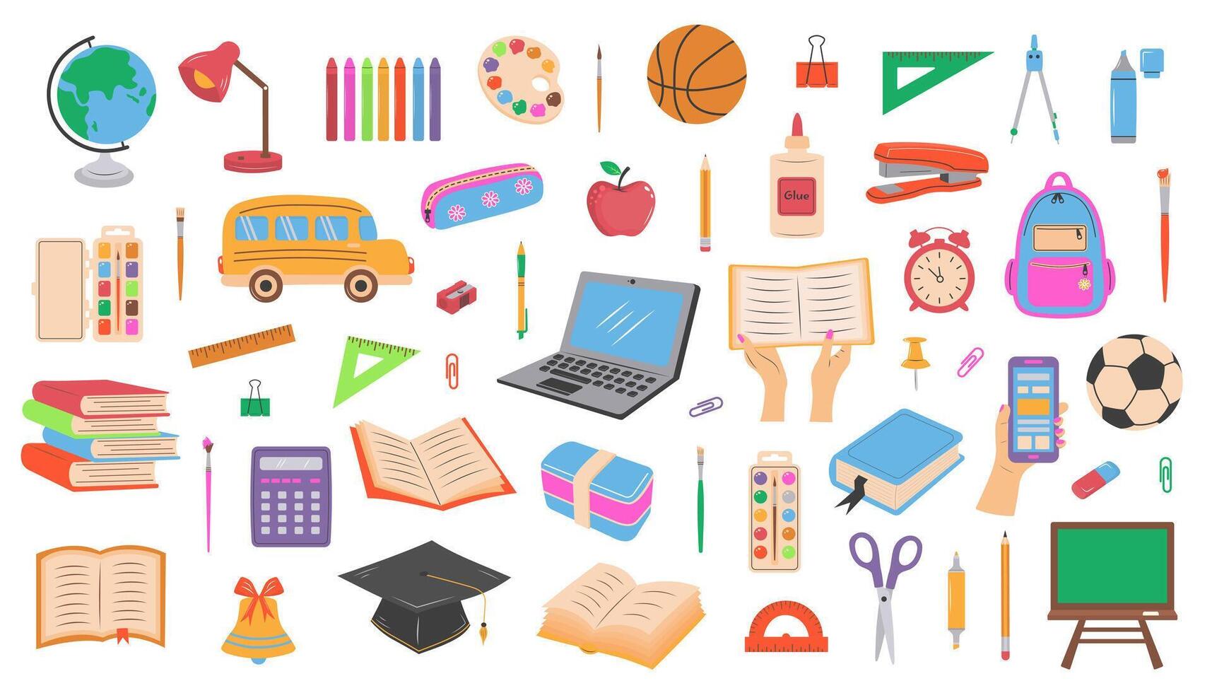 Big set of school supplies and stationery. Cute accessories for study, school, university. Back to school. vector