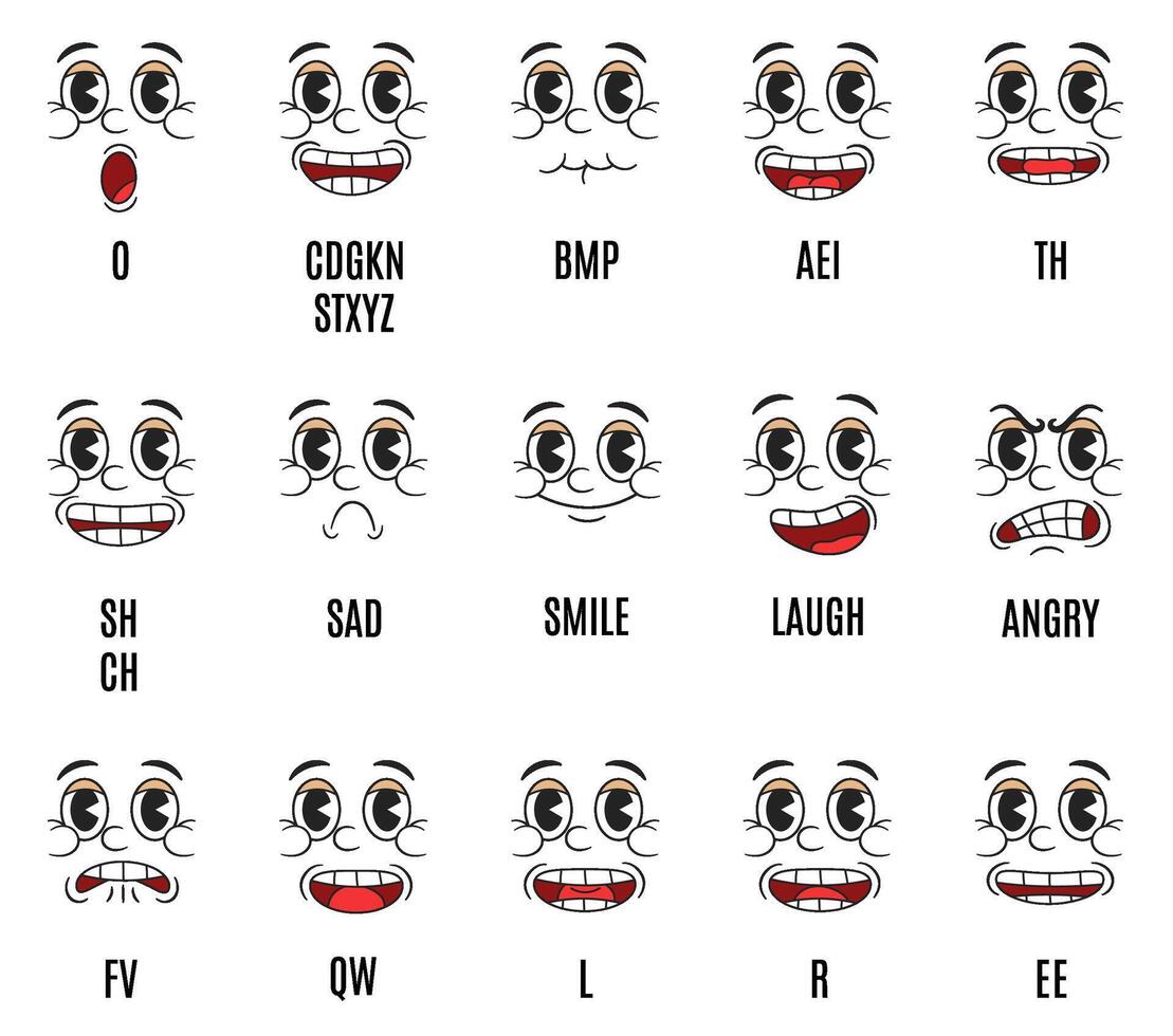 Retro cartoon lip sync animation. Mouth shapes for phonetic sounds and emotions facial expressions. Lips animation and speech synchronization for alphabet pronunciation set vector