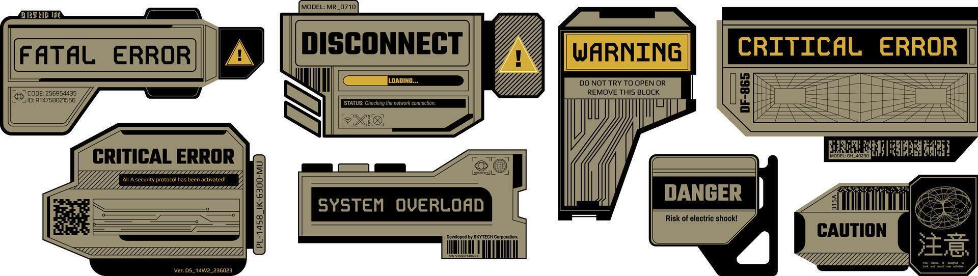 Cyberpunk decal templates. High tech critical and fatal error warning signs, system overload sticker, digital disconnect and danger caution errors window set vector