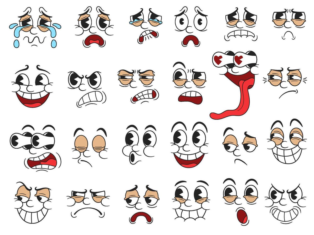 Retro cartoon faces. Funny 30s mascot character facial expressions, emotions and reactions with pie eyes for rubber hose style characters design. Isolated illustration set vector
