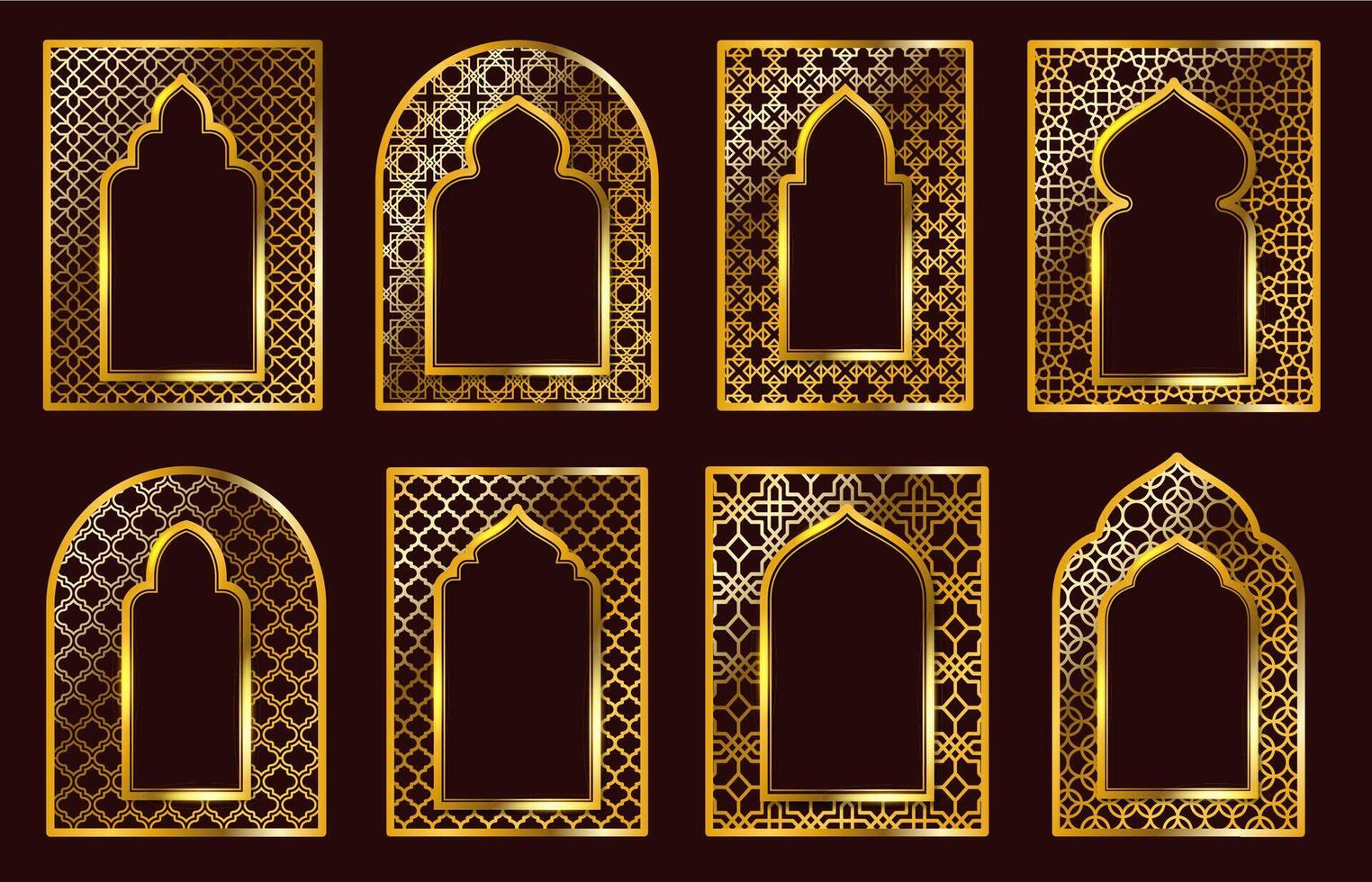 Arabic ornamental frames. Traditional Islamic doors or Arabian motif arc frame with golden pattern ornaments. Luxury gate or Muslim architecture window decorations set vector