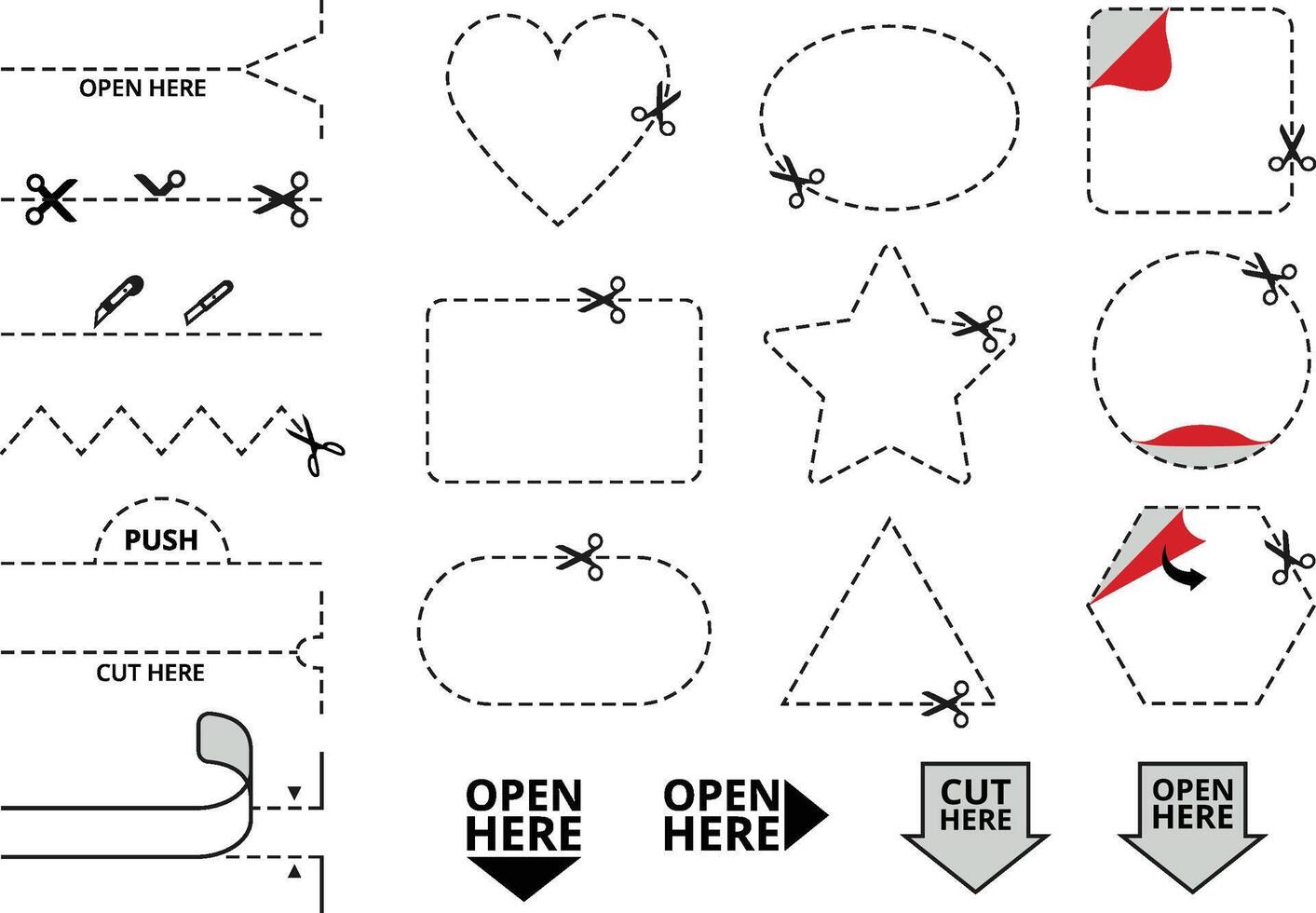 Dashed cut lines. Cut here icon, peel corner stickers and open here labels. Cutting coupon frame template with scissors and tear stripe set vector