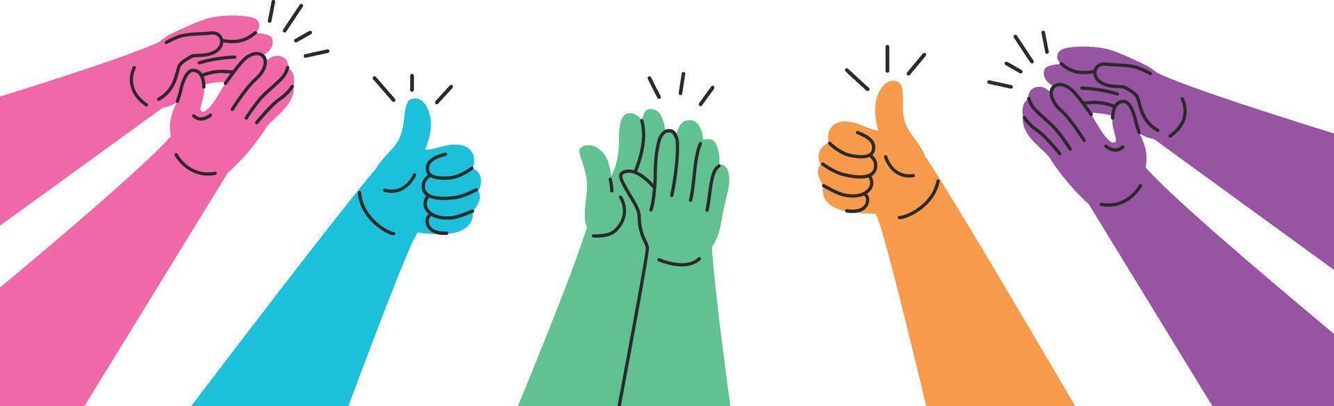 Clapping hands. Colorful doodle hands clapping and giving thumbs up, appreciation and approval concept. Applause claps for celebration of success hand drawn illustration vector