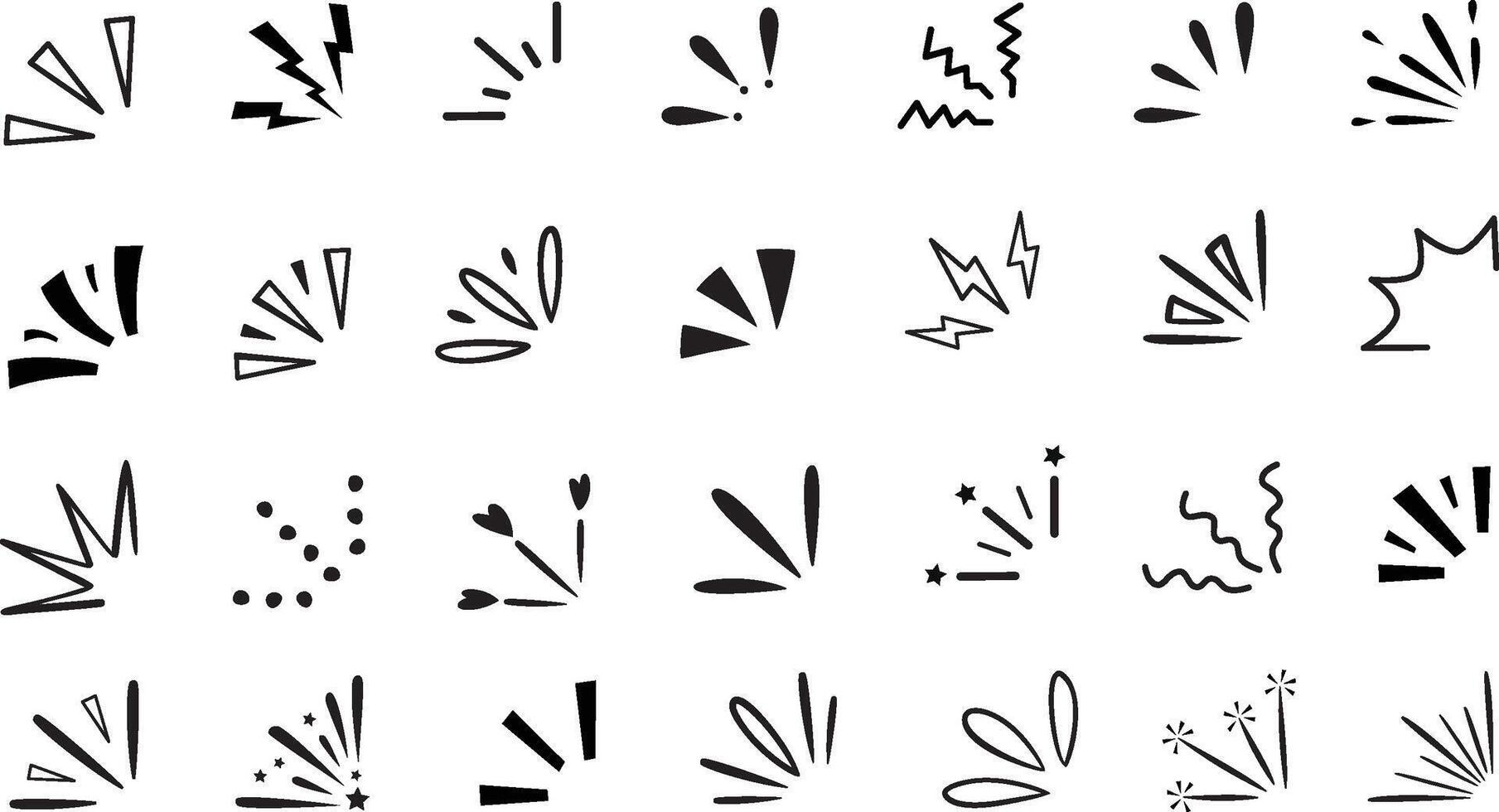 Doodle exclamation. Manga comic rays emotion expression, hand drawn sparkles splash and flash burst symbol. Decorative starburst lines and cartoon surprise 2D explosion bang effects set vector