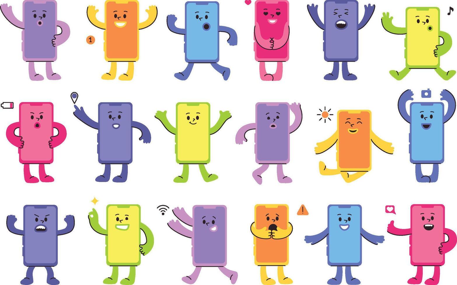 Cute cartoon mobile phone mascots. Smartphone characters with various facial expressions and action poses. Playful colorful phones illustrations set vector
