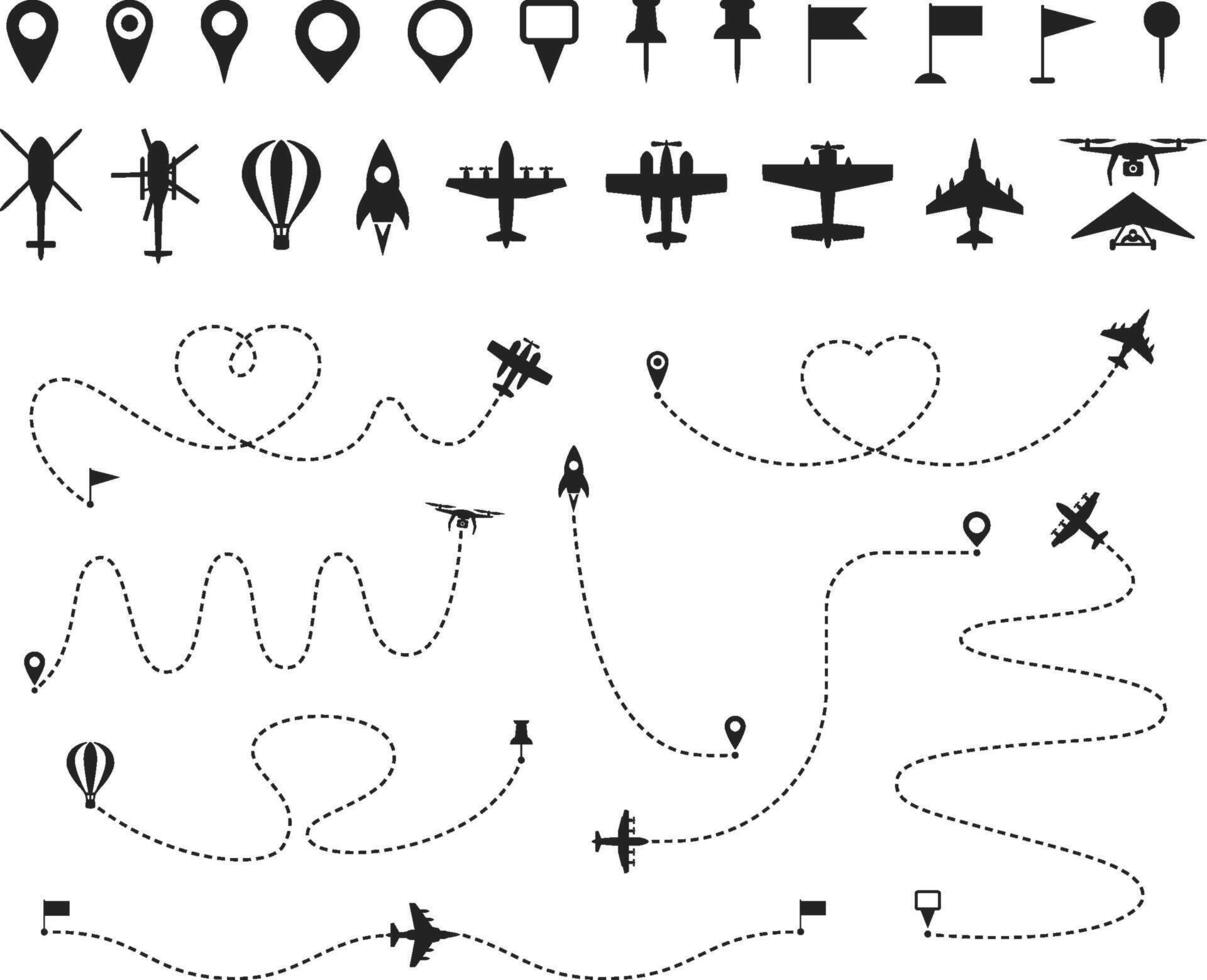 Flight path route. Dashed line plane, helicopter, balloon, drone and jet fighter trajectories. Aircraft take off, landing point with airplane, pin. Fly direction set. Navigation map elements vector