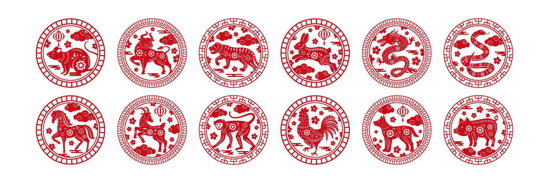 Chinese zodiac circle stamp. Animal of year circular emblem with floral pattern, decorative borders and traditional Asian ornaments. Animals of twelve zodiac signs illustration set vector
