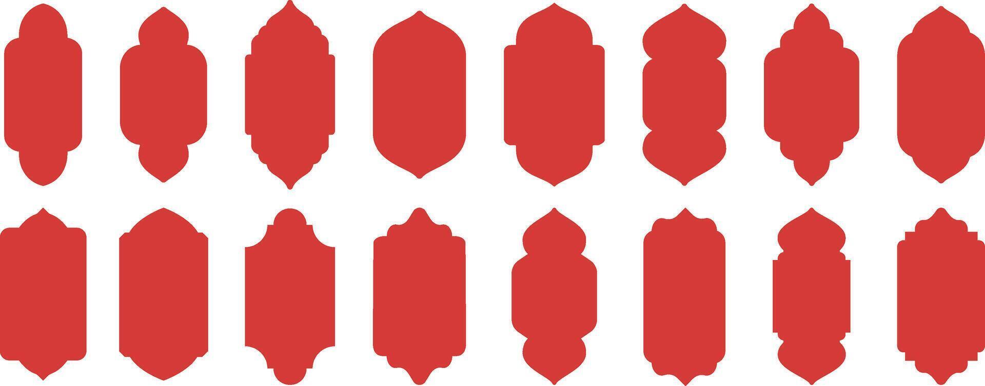 Arabic window shapes. Vintage Islamic architectural arch labels, oriental ornate shape border and traditional east window frame silhouettes flat set vector