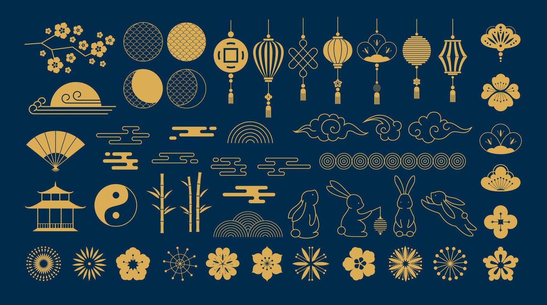 Chinese mid autumn festival ornaments. Traditional Asian lanterns, cherry blossoms and lotus flowers, bamboo, rabbits and clouds symbols. Decorations set. Chinese new year festive patterns vector