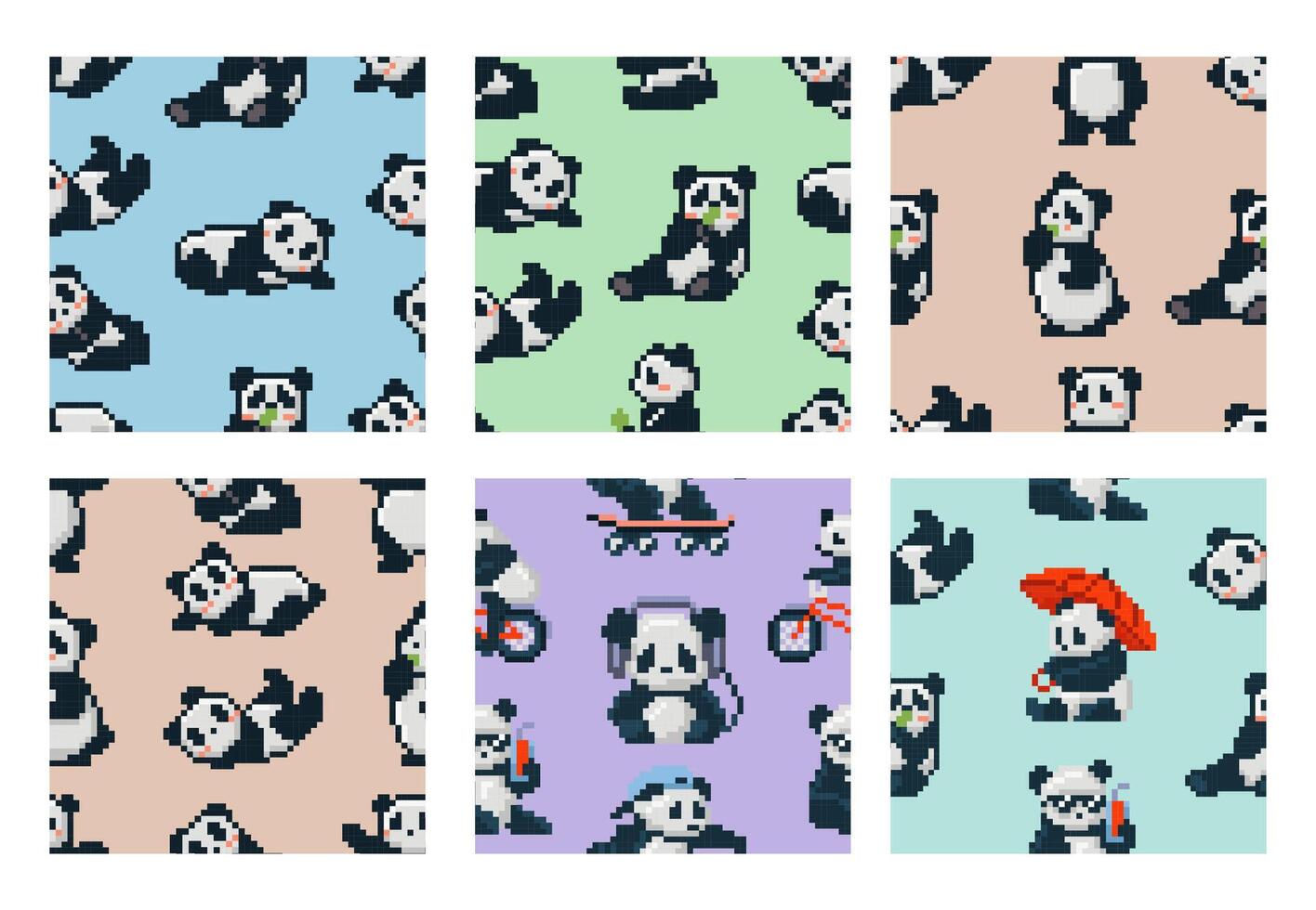 Pixel art panda bear seamless pattern. Cute retro 8bit pandas, kawaii animal print design for wrapping paper, child wallpapers or clothing fabric. Seamless background set vector