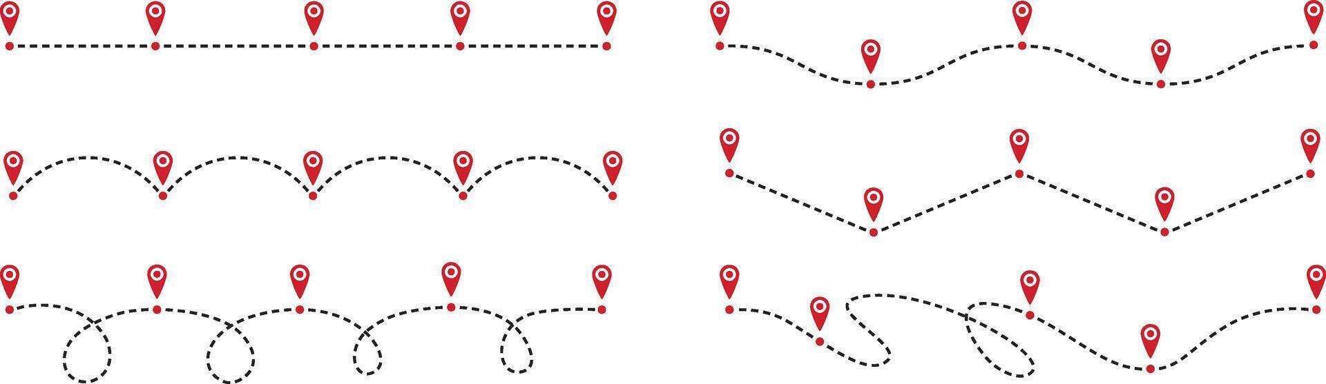 Roadmap path. Timeline dashed line, way route chart and road steps with pin points for customer journey business infographic design. Success process diagram set. Pathway and options for report vector