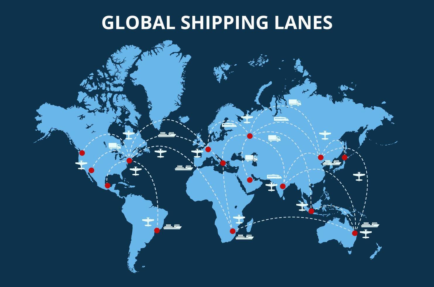 Global shipping lanes. Transportation paths and shipping routes on world map with airplane, cargo ship, train and truck icons. Connected international trade hubs infographic vector