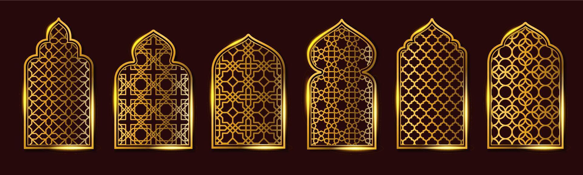 Golden Islamic window frames. Luxury gold arch with Arabic geometric ornament mashrabiya pattern, mosque oriental windows and vintage muslim gate badge background set vector