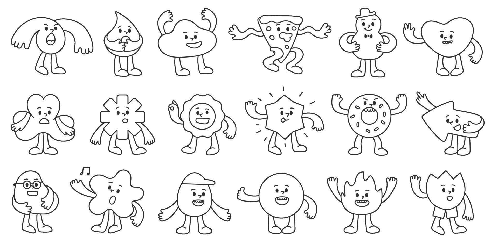 Cute abstract hand drawn characters. Doodle line shapes mascots with facial expressions, playful poses and hand gestures. Whimsical shape for kids creative designs illustrations set vector