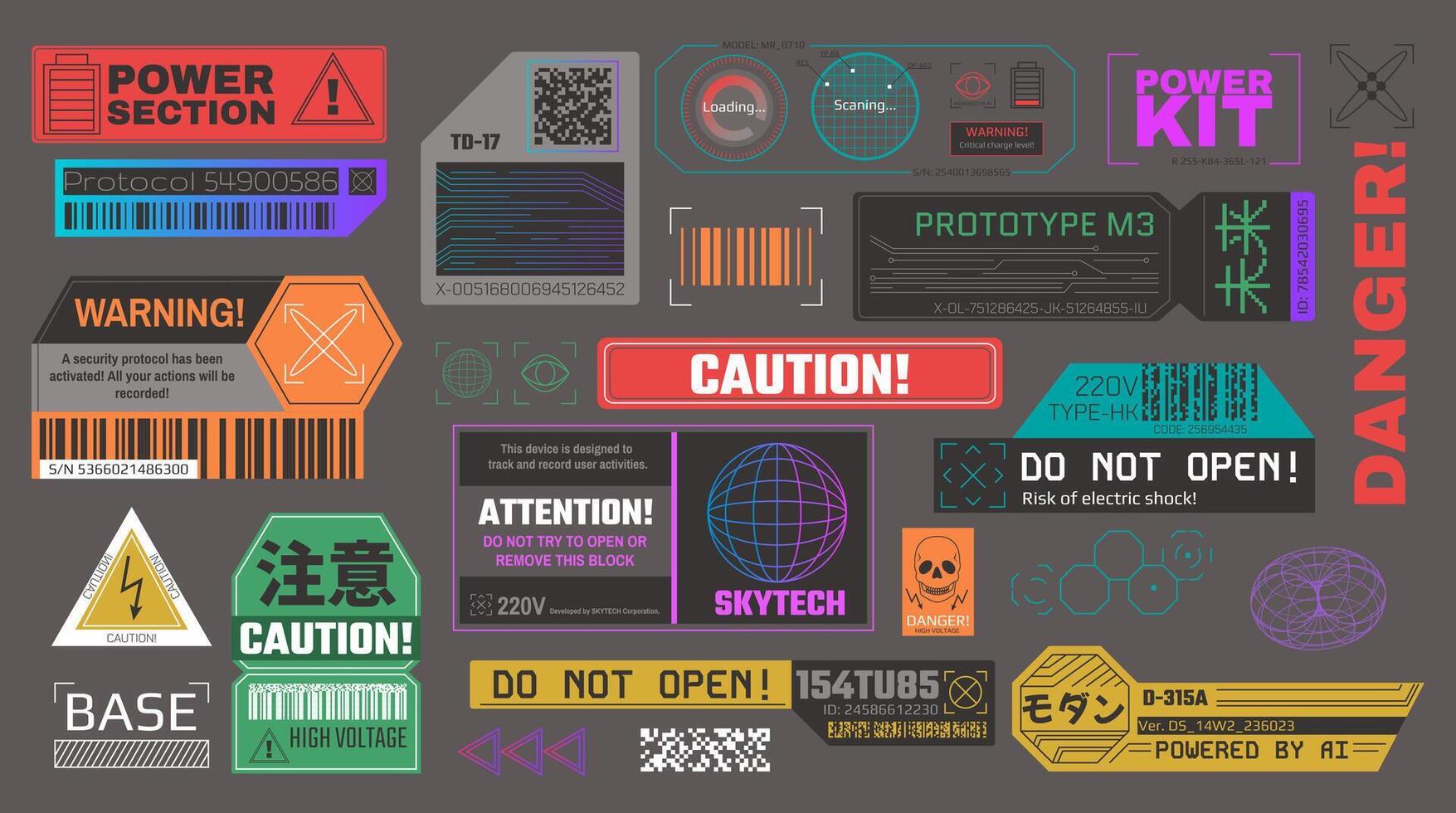 Cyberpunk stickers. High tech futuristic warning and caution labels, safety signs and cyber decals with barcodes. Digital interface elements set vector