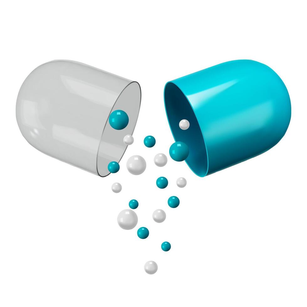 Capsule pill with falling granules. Open pharmaceutical capsule shell with pellets of medication, health supplements or vitamins. Medical isolated vitamin and healthcare concept illustration vector