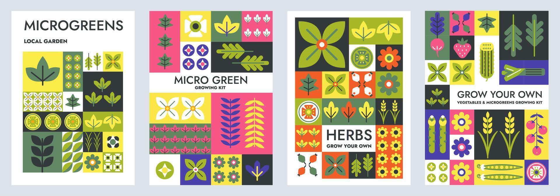 Microgreens geometric mosaic poster. Grow your herbs and vegetables, micro greens growing kit packaging design with plants, leaves and flowers geometric background. Bauhaus Scandinavian tiles vector