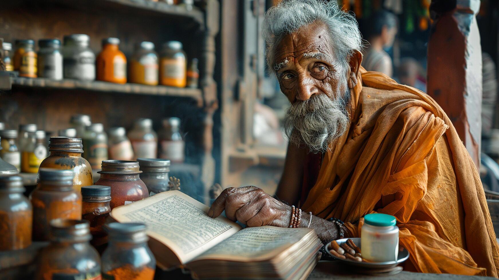 an old man sitting at a table with a book photo