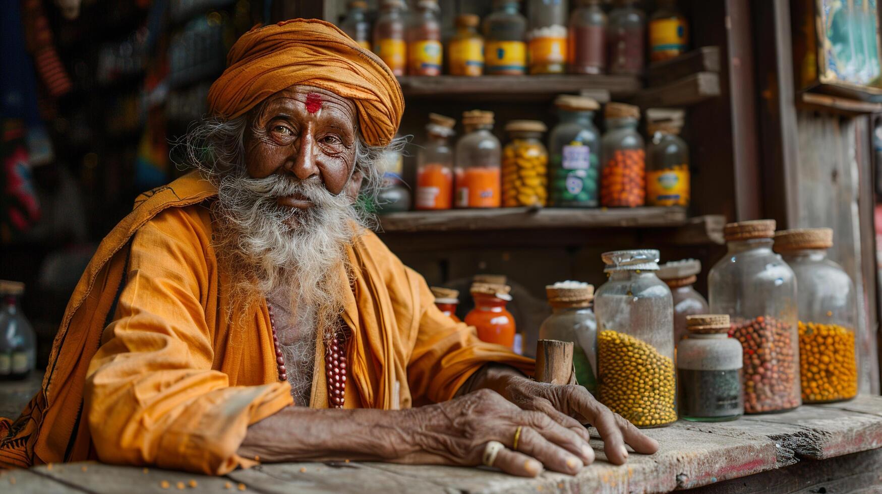 an old man in an orange turban sitting at a table with many jars of spices photo