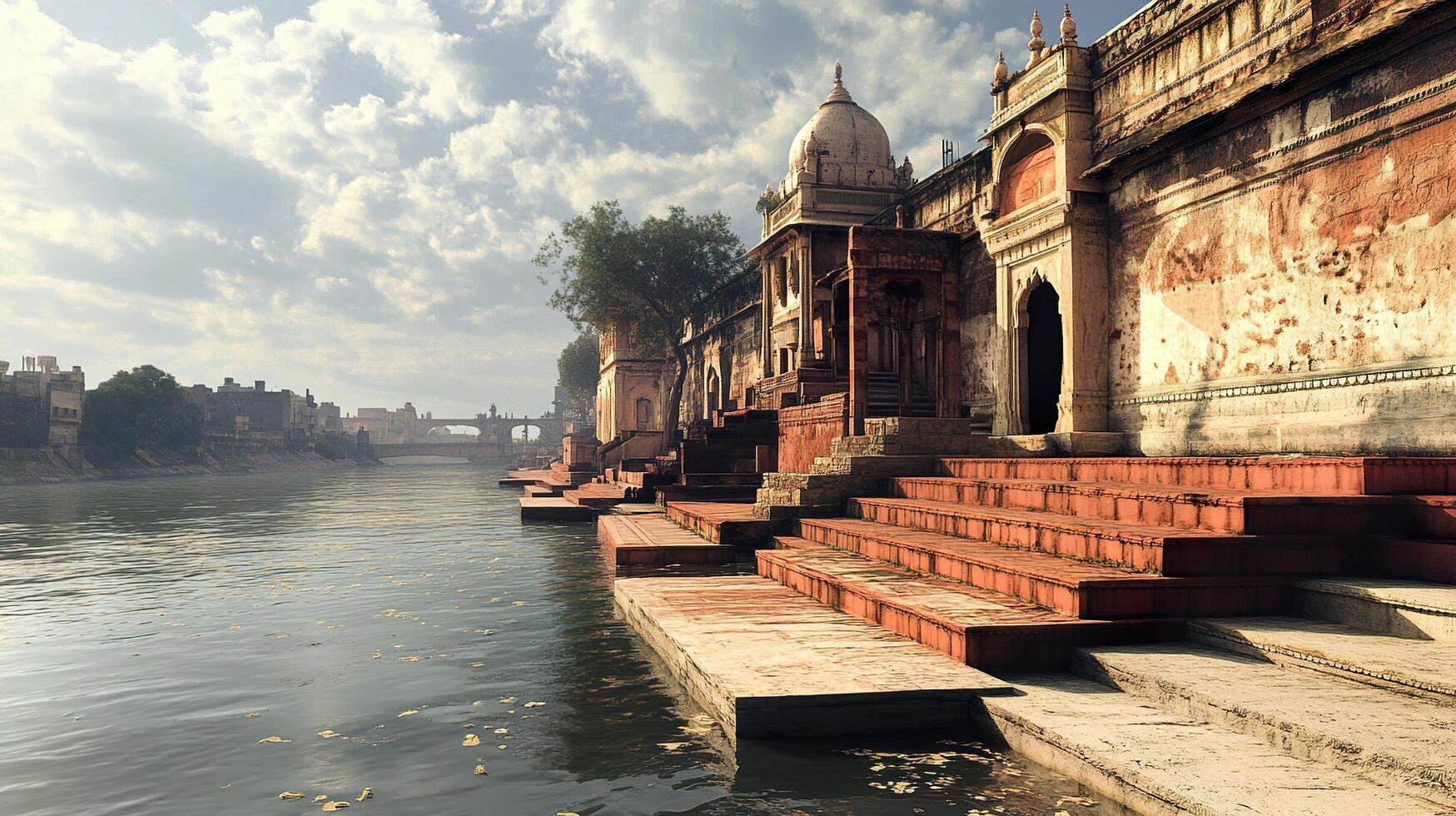 Ganga river with steps leading to a building photo