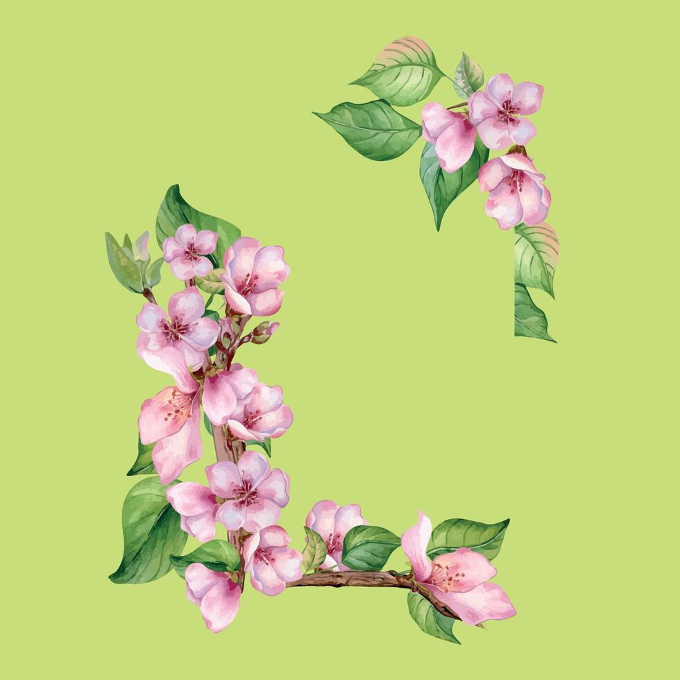 Watercolor frame with pink flowers of fruit tree isolated on green. Design template of floral frame with blossom branch hand drawn. Element for wedding invitation, card, packaging, label product vector