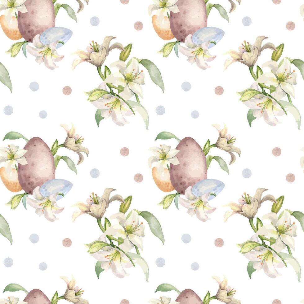Easter eggs with pastel flower arrangement seamless pattern isolated on white. White lily Christian symbol watercolor hand drawn. Design for Easter background, decoration, textile, packaging vector