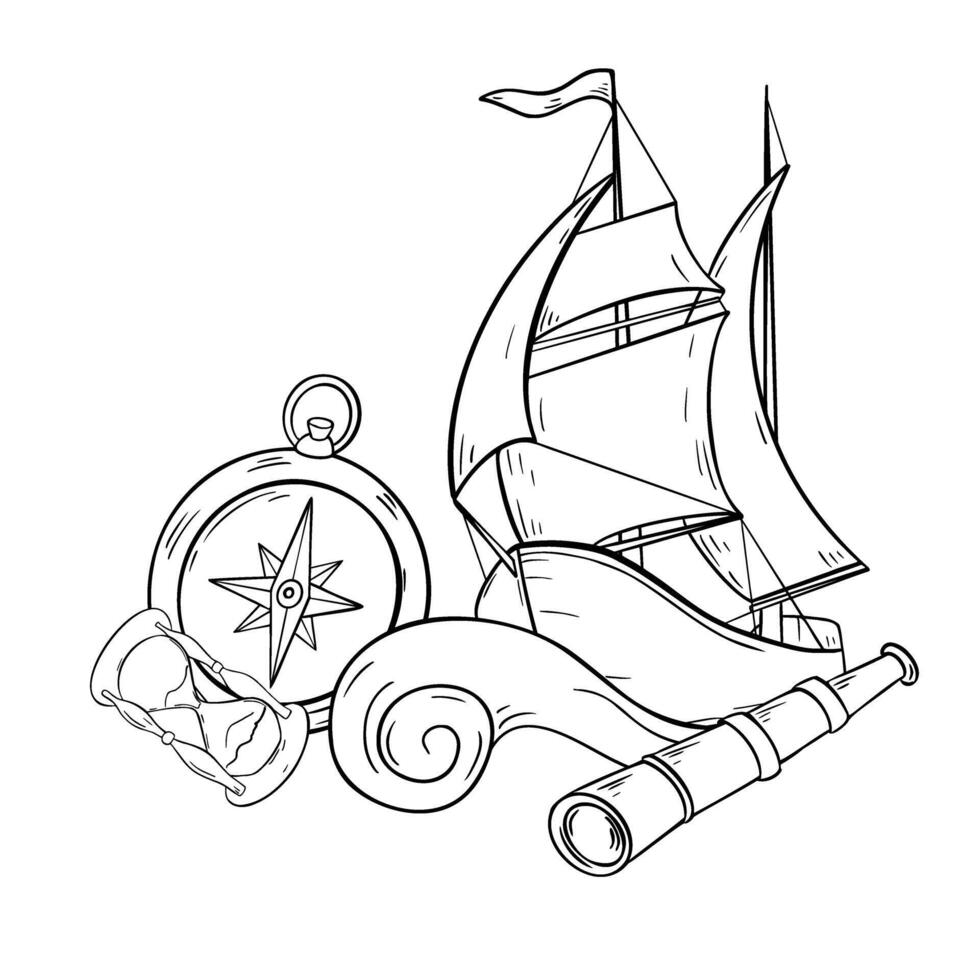 Sailing ship on curly wave black and white isolated. Sailing boat and adventure items hand drawn ink silhouette. Compass, spyglass graphic illustration. Simple nautical drawing outline vector