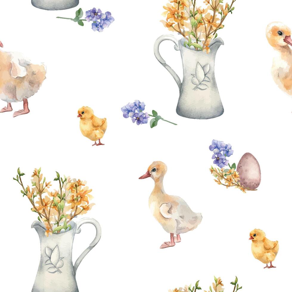 Easter watercolor seamless pattern with colorful eggs and first spring flowers isolated on white. Flowers in jug with farm pets hand drawn for Easter design. Chick, gosling painted for textile. vector