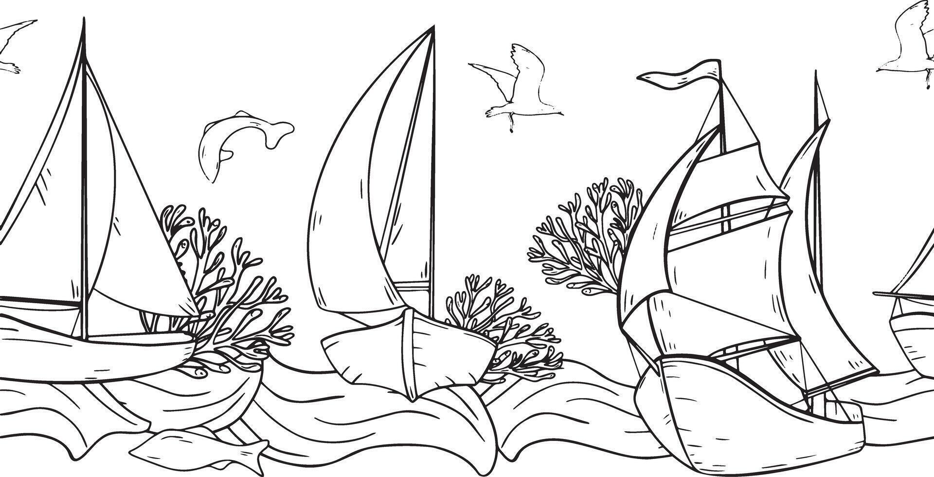 Marine graphic seamless board of sailing ships coral and seaweeds. Boat yacht on repeating border of curly waves by black and white outline. Ships birds fish endless monochrome background vector