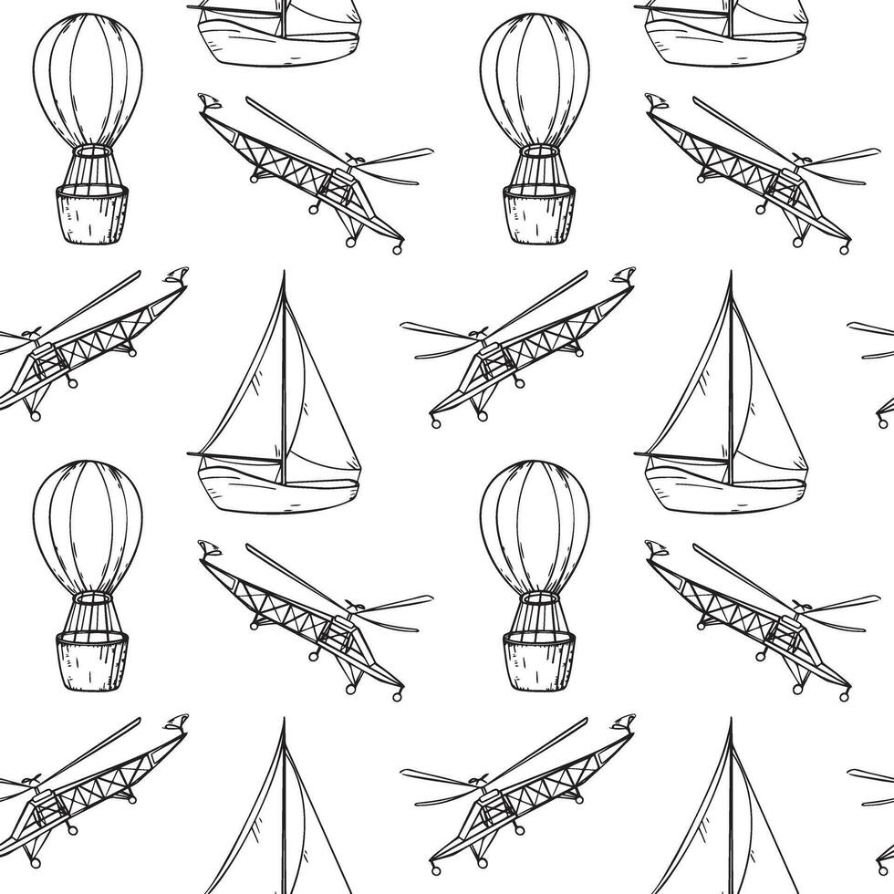 Sailing ship, air balloon, airplane black and white graphic seamless pattern. Monochrome boat, aircraft, vessel, aerostat repeating texture hand drawn. Endless silhouette transport for boy. vector