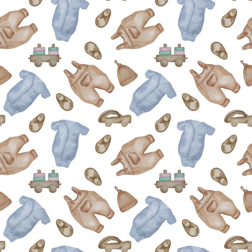 Baby clothes and wooden toys seamless pattern isolated on white. Baby romper, body suit and booties in watercolor hand drawn . Toddler toy train in pastel shades. Elements for textile, background. vector