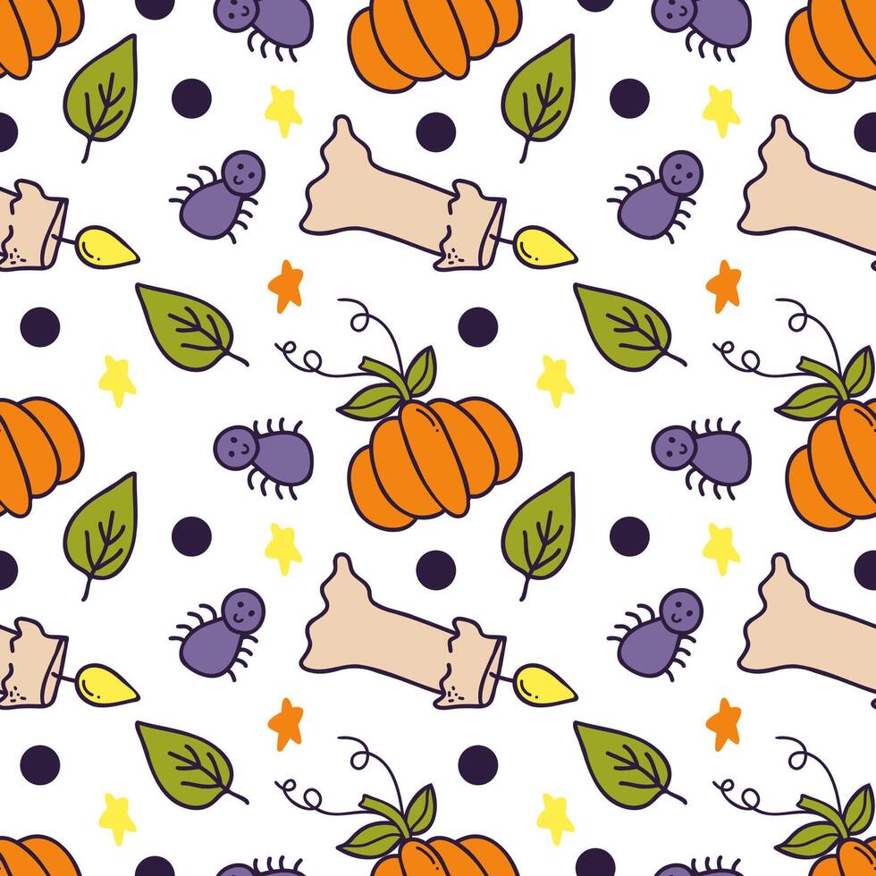Seamless Halloween pattern with candle, spider, stars, leaf and pumpkin. For flyer, sticker, card, logo, symbol. Graphic design illustration vector