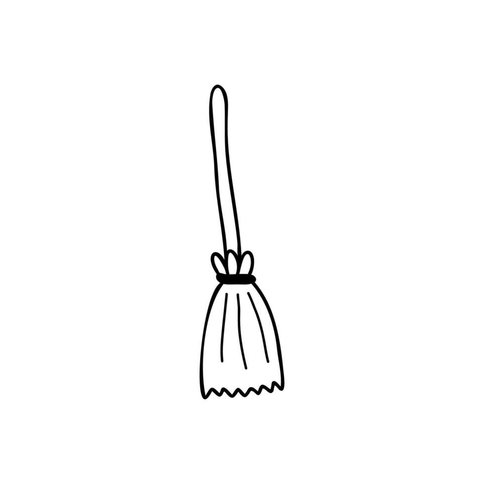 Witch broom clipart in doodle style. Halloween Line Icon. A broom for cleaning. For cards, stickers. Stock isolated clipart on a white background. vector