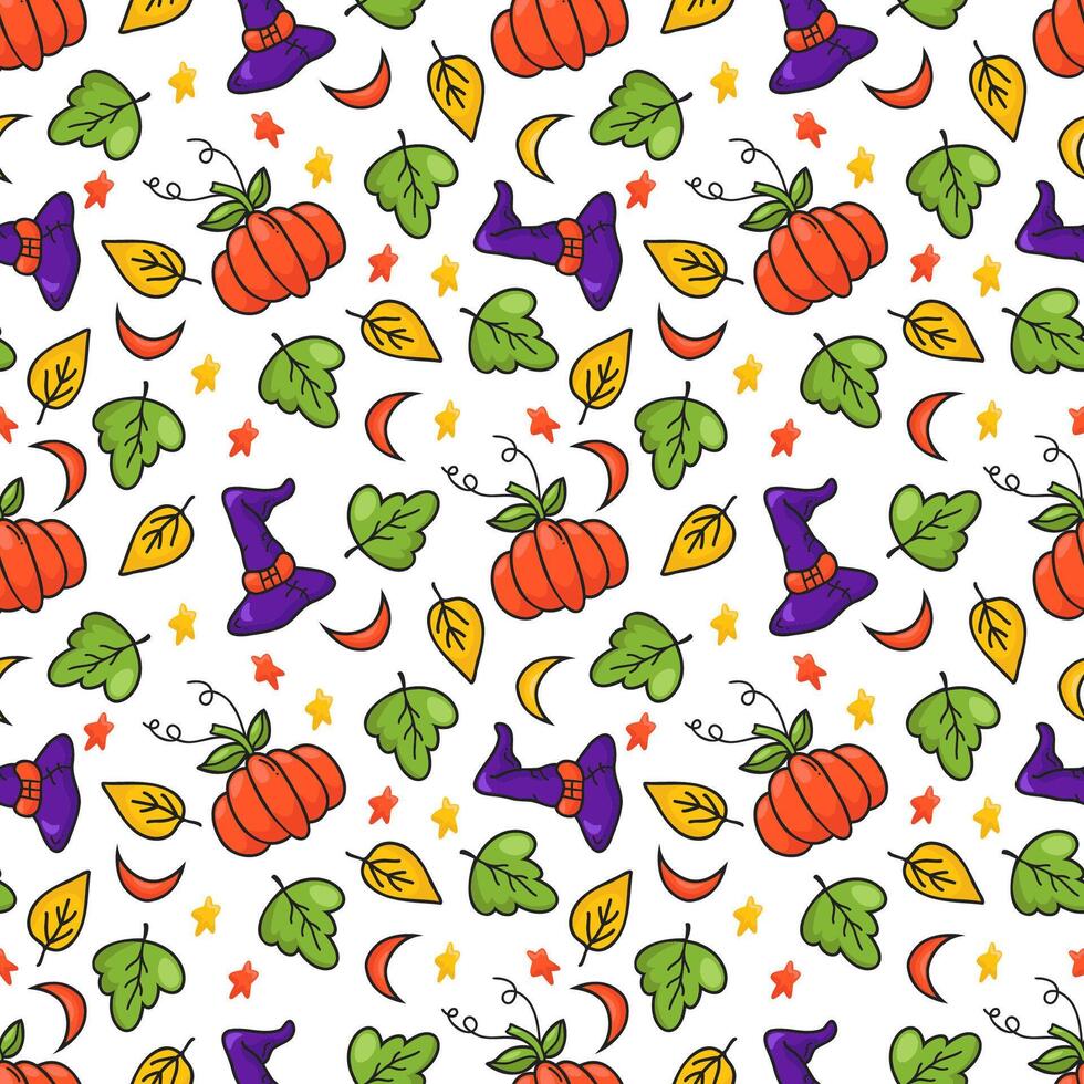 Seamless pattern with pumpkin, leaves, hat, moon and stars. In cartoon style, on a white background. Halloween theme. vector