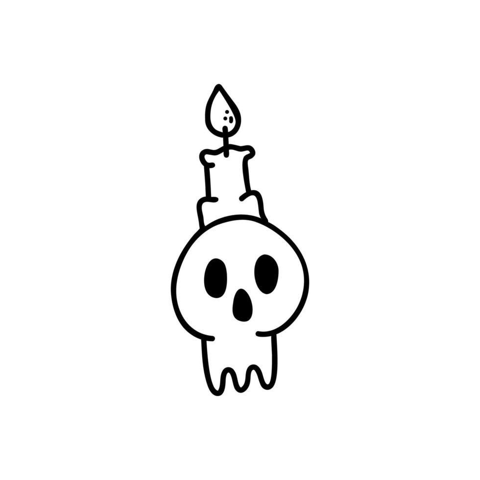 single element of a candlestick in the form of a skull with a burning candle. Hand-drawn clipart in doodle style. For Halloween holiday cards, stickers. Halloween theme. vector