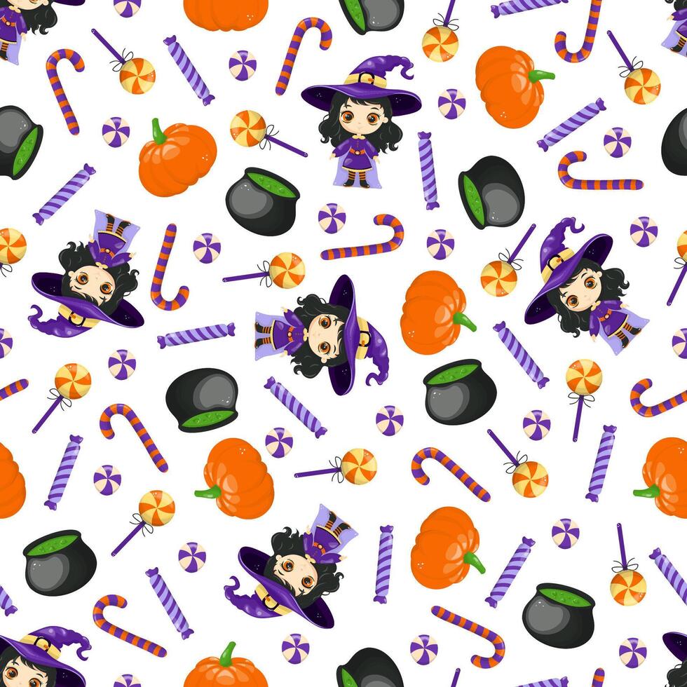 Seamless pattern with witch, cauldron, pumpkin, lollipops and candies. Halloween background. In cartoon style, on a white background vector