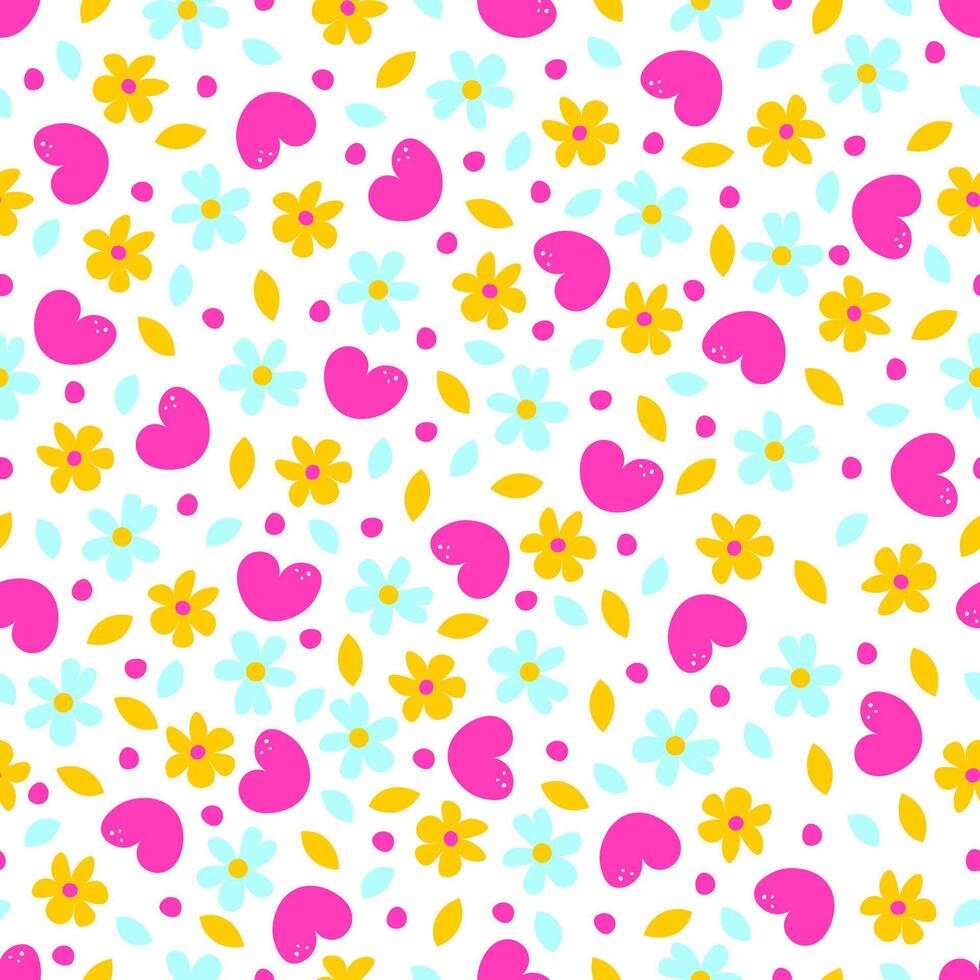 Seamless pattern with cute flowers and hearts. In cartoon style. Ideal for baby clothes, textiles, packaging Isolated image on white background. vector