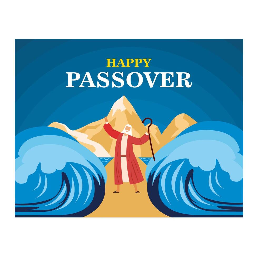Passover Exodus from Egypt Hebrew Happy Passover Poster Jewish Holiday Pesach. Moses parted the Red Sea. flat modern illustration vector